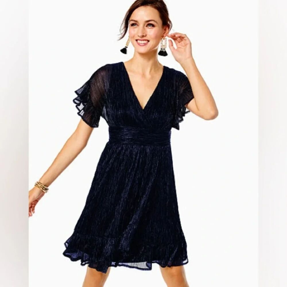 Lilly Pulitzer Sinclare Short Sleeve Dress Navy Metallic Size XL Holiday Formal